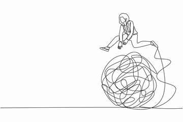 Poster - Single one line drawing businesswoman jumping over tangled scribble. Overcoming complexity of problem. Solution looking for complicated problem. Continuous line draw design graphic vector illustration