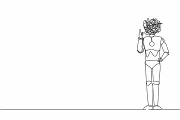 Poster - Single continuous line drawing robot with round scribbles instead of head, index finger up gesture. Idea, innovation. Robotic artificial intelligence. One line draw graphic design vector illustration