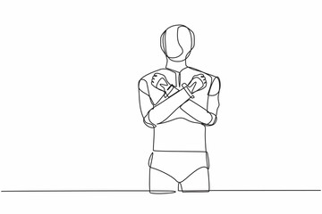 Poster - Single continuous line drawing robot standing with fist clenched, arm crossed gesture. Robotic artificial intelligence. Electronic technology industry. One line draw graphic design vector illustration