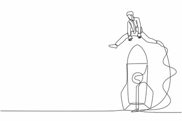 Poster - Single continuous line drawing businessman jumping over big rocket. Successful startup launch preparation. Space rocket flies up. New business project. One line draw graphic design vector illustration