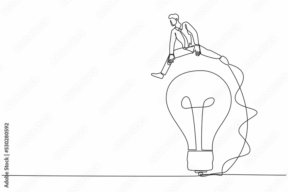 Single one line drawing businessman jumping over big light bulb ...