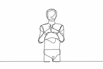 Poster - Continuous one line drawing robot standing with crossing fingers forming x. Banned. Say no. Humanoid robot cybernetic organism. Future robotic development. Single line draw design vector illustration