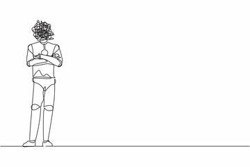 Poster - Single one line drawing robot with round scribbles instead of head, keeping arms crossed. Robot standing with folded arms pose. Technology development. Continuous line draw design vector illustration