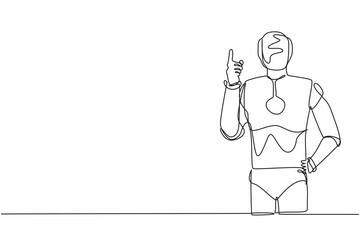 Poster - Single one line drawing robot standing with finger index up gesture. Emotion and body language. Artificial intelligence and machine learning processes. Continuous line draw design vector illustration