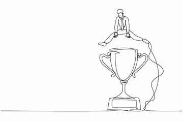 Poster - Single one line drawing businessman jumping over big trophy. Success or victory, winning prize or trophy, challenge or succeed in business competition. Continuous line draw design vector illustration