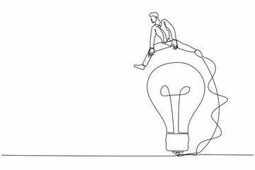 Poster - Single one line drawing businessman jumping over big light bulb. Business innovation transformation. Adaptation creativity to move beyond original idea. Continuous line draw design vector illustration