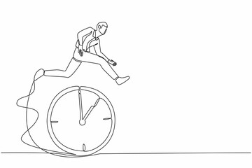 Poster - Single one line drawing confidence businessman employee worker jump over time passing clock. Smart time management, success in work strategy. Continuous line draw design graphic vector illustration