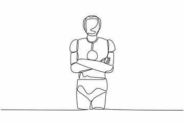 Poster - Single one line drawing robot standing with folded arms pose. Future technology development. Artificial intelligence machine learning processes. Continuous line draw design graphic vector illustration