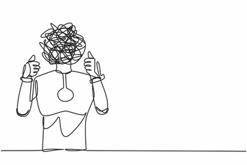 Poster - Continuous one line drawing robot with round scribbles instead of head. Confused robot showing thumb up. Deal, like, agree. Robotic artificial intelligence. Single line draw design vector illustration