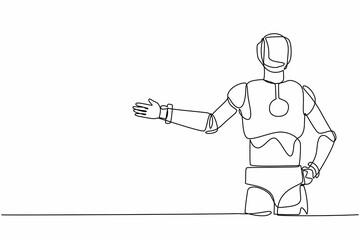 Poster - Single continuous line drawing robot standing with showing something or presenting project. Robotic artificial intelligence. Electronic technology industry. One line graphic design vector illustration