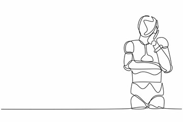 Poster - Single one line drawing robot standing with keeping hand on cheek. Robot suffering from toothache. Future technology. Artificial intelligence. Continuous line draw design graphic vector illustration
