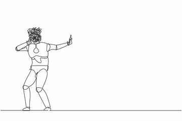Poster - Continuous one line drawing robot with round scribbles instead of head. Stop gesture, robot covering eye with hand. Embarrassed. Robotic artificial intelligence. Single line design vector illustration