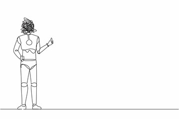 Poster - Continuous one line drawing robot with round scribbles instead of head, showing thumbs up sign. Deal, like, agree, approve. Robotic artificial intelligence. Single line draw design vector illustration