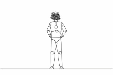 Poster - Single continuous line drawing robot with round scribbles instead of head, standing and holding hand on hip. Future technology development. Artificial intelligence. One line design vector illustration