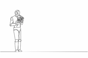 Poster - Continuous one line drawing robot musician performing classic melody on horn. Instrumentalist on brass instrument. Humanoid robot cybernetic organism. Single line graphic design vector illustration
