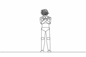 Poster - Continuous one line drawing robot with round scribbles instead of head. Fist clenched, arms crossed, feeling happy, positive. Robotic artificial intelligence. Single line design vector illustration