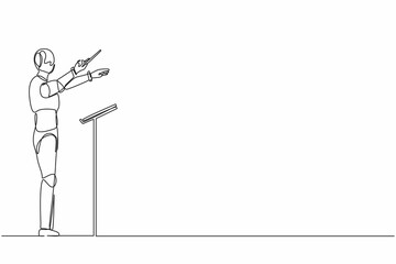 Poster - Single one line drawing robot music conductor directing symphony orchestra. Future technology. Artificial intelligence and machine learning processes. Continuous line draw design vector illustration