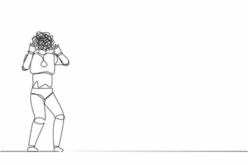 Poster - Single continuous line drawing robot with round scribbles instead of head. Robot shocked gesture with palm hands, shouting. Technology artificial intelligence. One line draw design vector illustration