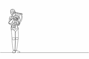 Poster - Continuous one line drawing robot musician playing musical lyre on stage. Classical music orchestra. Humanoid robot cybernetic. Future robotic development. Single line draw design vector illustration