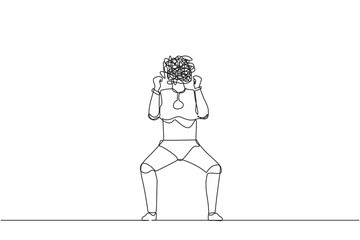 Poster - Single continuous line drawing robot with round scribbles instead of head. Angry robot raised fist. Expresses negative emotion, desperately. Future technology. One line draw design vector illustration