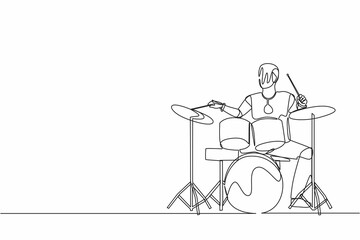 Poster - Single one line drawing robot playing drum instrument at music pop concert. Future technology development. Artificial intelligence and machine learning. Continuous line draw design vector illustration