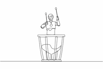 Poster - Single continuous line drawing robot percussion player holding stick and play timpani. Robotic artificial intelligence. Electronic technology industry. One line draw graphic design vector illustration