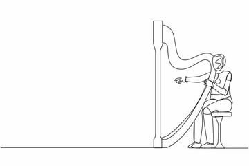 Poster - Single one line drawing robot sitting and playing harp at classic music festival. Future technology development. Artificial intelligence machine learning. Continuous line design vector illustration
