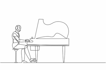 Poster - single continuous line drawing robot sitting and playing grand piano on stage. modern robotic artifi
