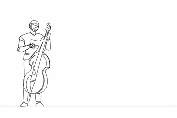 Poster - Continuous one line drawing robot musician playing double bass or contrabassist with finger. Humanoid robot cybernetic organism. Future robotic development. Single line draw design vector illustration