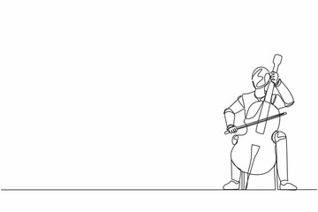 Poster - Single one line drawing robot playing stringed contrabass or cello. Future technology development. Artificial intelligence and machine learning. Continuous line draw design graphic vector illustration
