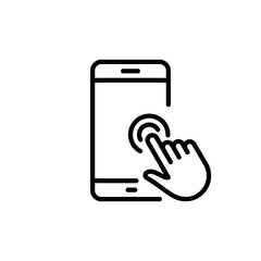 Poster - Action on Mobile Phone Display Outline Icon. Hand Swipe on Smartphone Linear Pictogram. Finger Move Gesture Line on Touch Screen in Cell Phone Line Icon. Editable Stroke. Isolated Vector Illustration