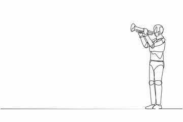 Poster - Single one line drawing robot playing trumpet at jazz music orchestra. Future technology development. Artificial intelligence and machine learning processes. Continuous line design vector illustration