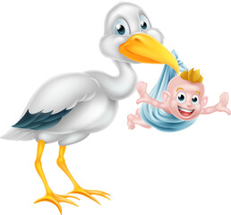 Wall Mural - Cartoon Stork Holding New Born Baby