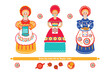 Colored graphic set of Russian folk clay ceramic toys, dolls holding baking trays. Dymkovo toy, stylization, free brush. Vector illustration isolated on background.