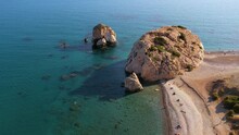 Aerial Of Aphrodite Rock In The Sea At The Coast Of Cyprus Island