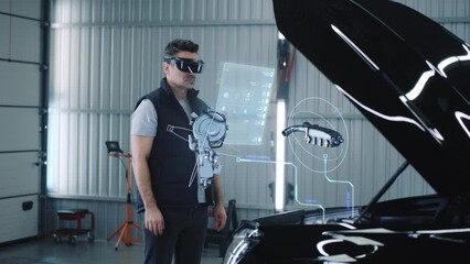 Wall Mural - car service manager conducts car diagnostics using holographic hud interfaces and vr headset. the sp