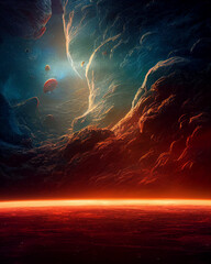 Wall Mural - Massive Cosmic Nebula 3D Art Illustration. Alien Planet Surface Sci-Fi Scenery Vertical Background. Digital Painting AI Neural Network Generated Art Fantastic Extraterrestrial Planet Surface Wallpaper