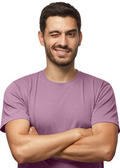 Wall Mural - Handsome young man in t-shirt, with crossed arms smiling and winking, looking at camera