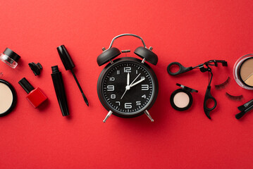 Wall Mural - Black friday shopping concept. Top view photo of alarm clock mascara false eyelashes eyeshadow nail polish lashes curler contouring palette eyebrow gel barrette and brushes on isolated red background