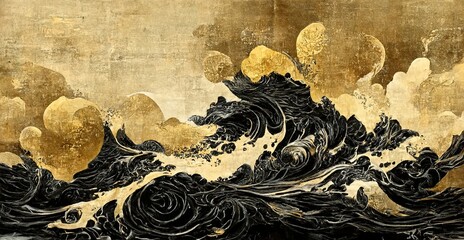 Traditional Japanese background with waves and flower texture. Oriental natural watercolor wave pattern in vintage style, suitable for banner, wallpaper or postcards. 3D illustration