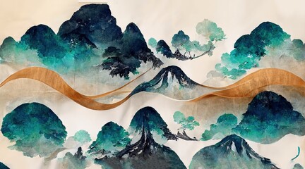 Canvas Print - Traditional Japanese style, watercolor oriental pattern of Mount Fuji. Suitable for banner, wallpaper or postcards. Watercolor texture and brush design. 3D Illustration