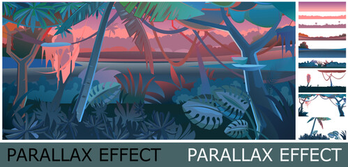 Wall Mural - jungle tree. morning sunrise dawn or evening sunset. image from layers for overlay with parallax eff