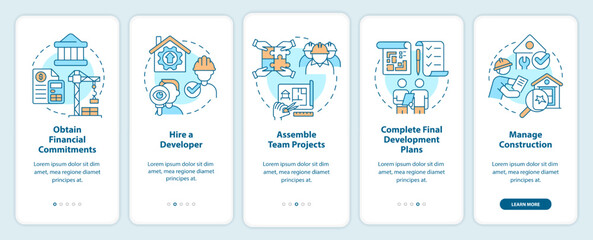 Advices for housing development onboarding mobile app screen. Walkthrough 5 steps editable graphic instructions with linear concepts. UI, UX, GUI template. Myriad Pro-Bold, Regular fonts used