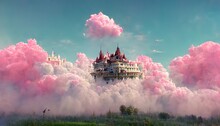 Fairy Tale Castle Floating In Pink Clouds Against Blue Sky