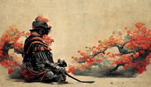 Samurai Meditating In Blooming Garden Vintage Style