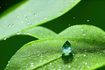 Poster - Fresh clear drop falling down onto leaf of garden plant