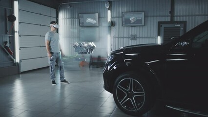 Wall Mural - car service manager assembling a car engine in a futuristic virtual reality program using a joystick