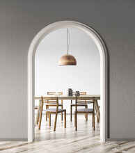 Interior Of Living Room With Gray Wall And Arched Doorway To The Modern Dining Room, Wooden Table And Chair. Contemporary Home Design. 3d Rendering