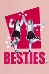 creative 3d collage artwork poster postcard sketch of two happy friendly girls hand hold together ha