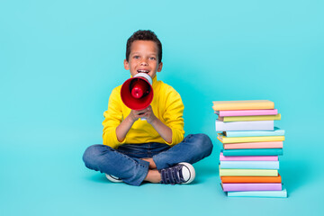 Sticker - Full size portrait of little person sit floor arms hold loudspeaker talk speak isolated on teal color background